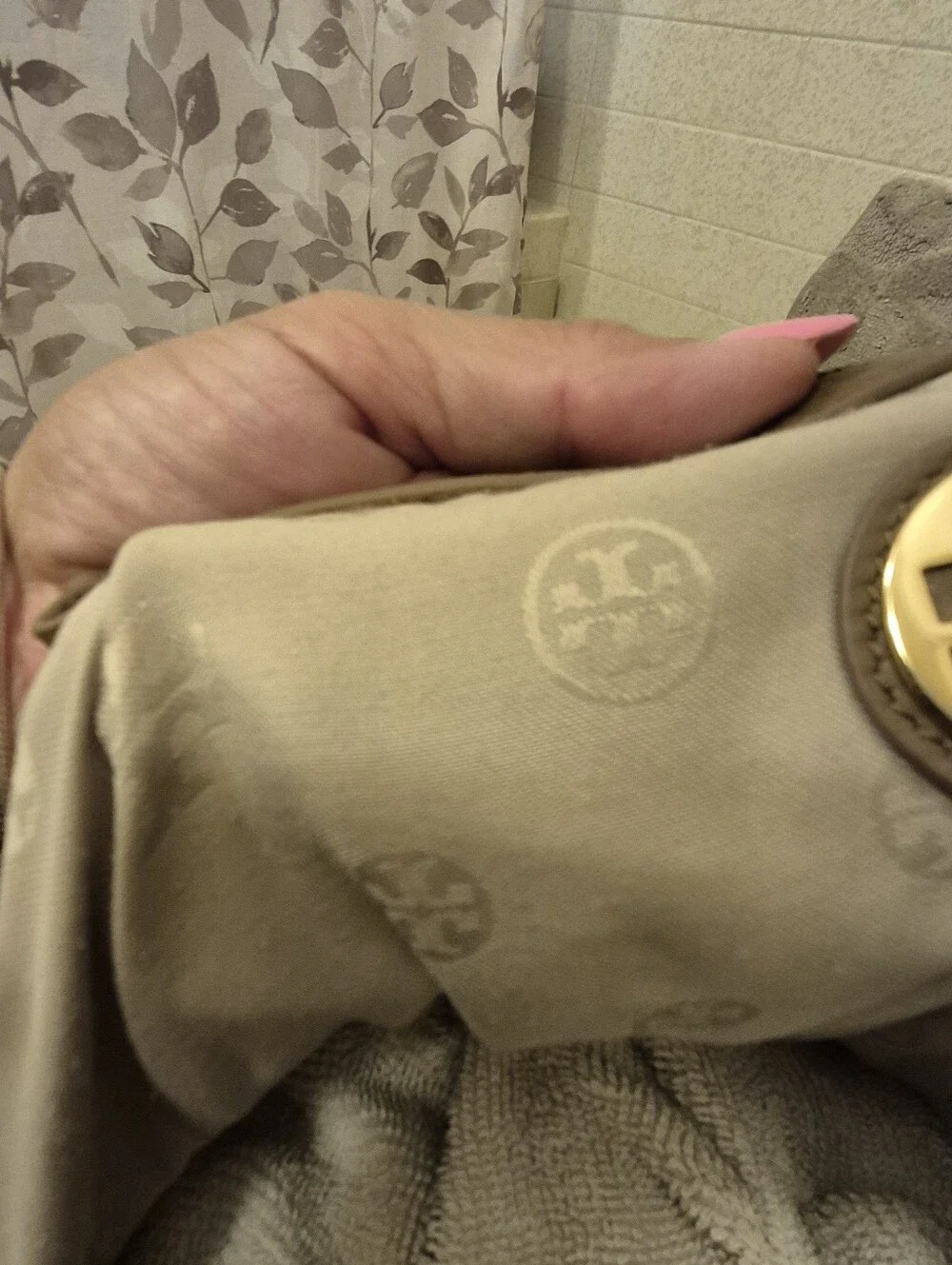 Tory Burch Taupe Pebbled Leather Hobo with Gold Logo Medallion